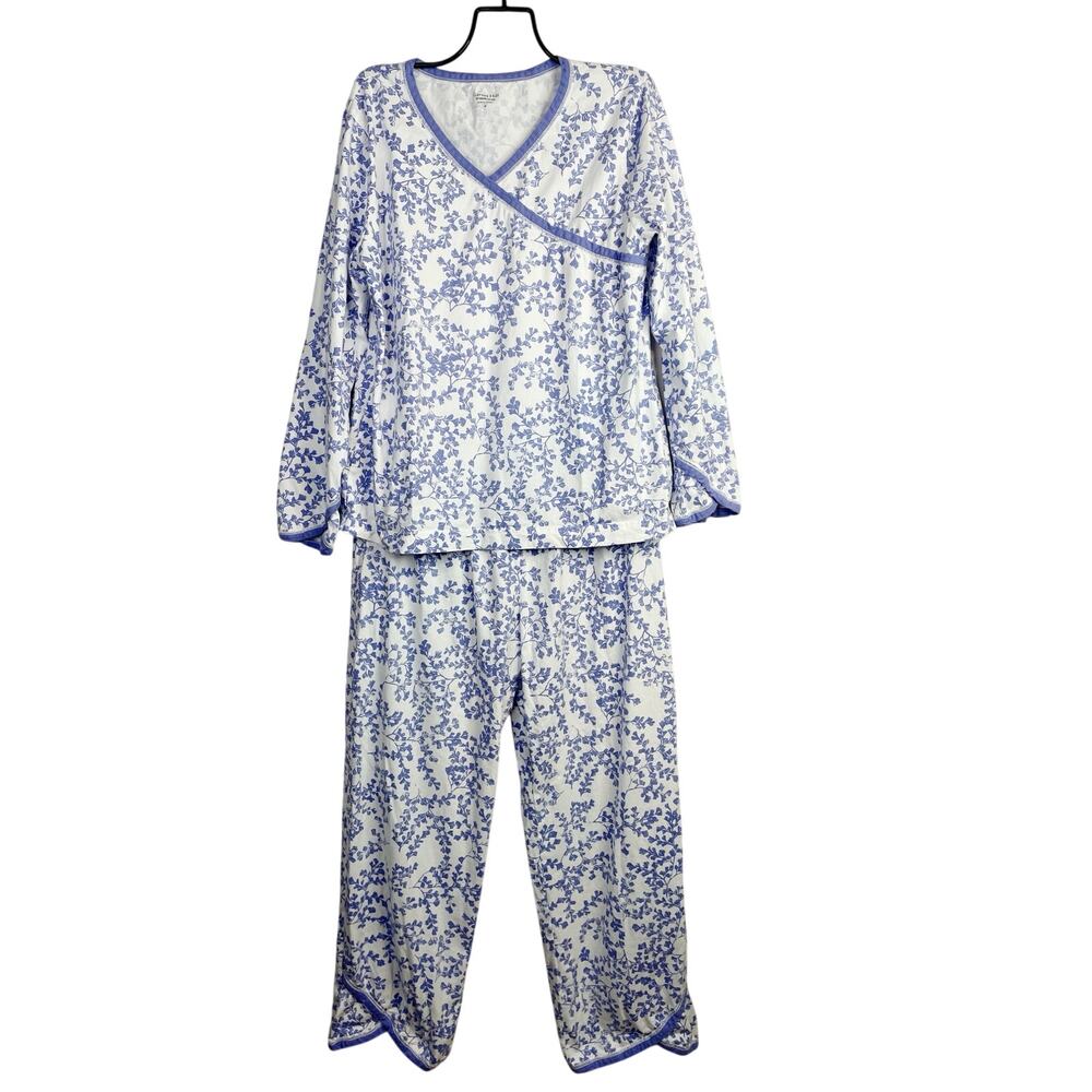 Garnet Hill Asian Wrap Organic Cotton Floral Pajama Pajamas Set Lilac Womens M - Picture 2 of 11